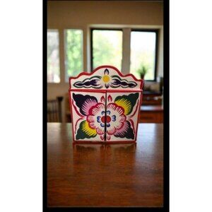 Handcrafted Peruvian Nativity Scene Retablo With Colorful Painted Doors & Figure